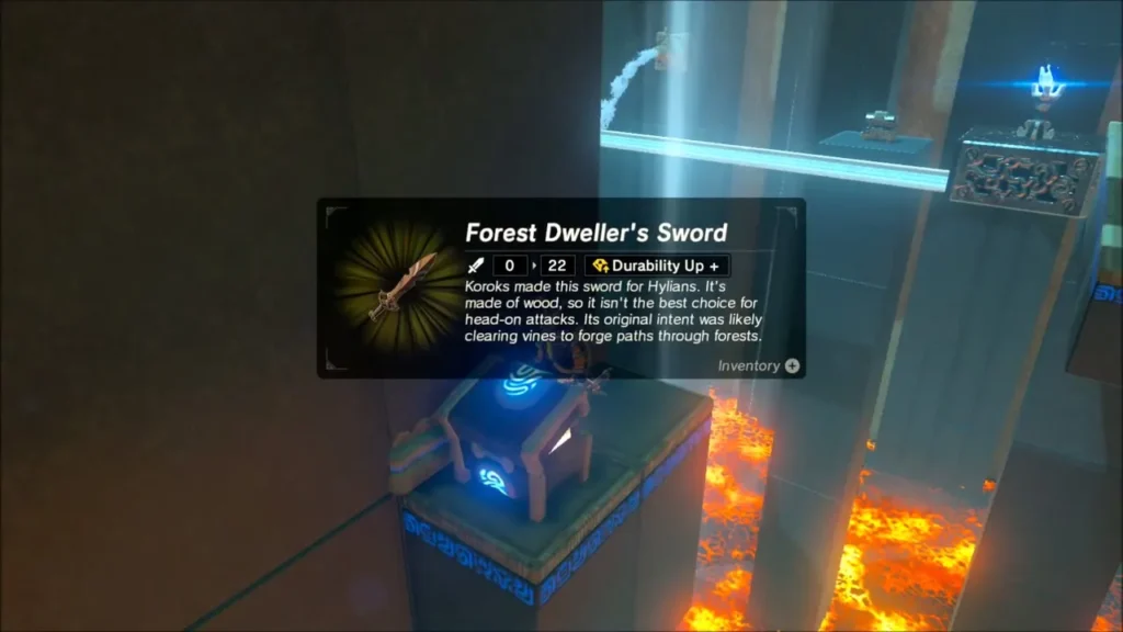 Forest Dweller's Sword name box above a chest on a pillar over lava Forest Dweller's Sword name box above a chest on a pillar over lava