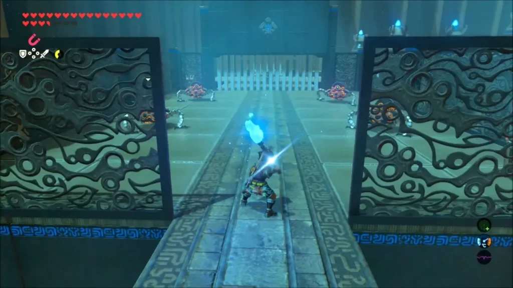 Link with a torch facing Guardian Scouts at the end of a hall Link with a torch facing Guardian Scouts at the end of a hall