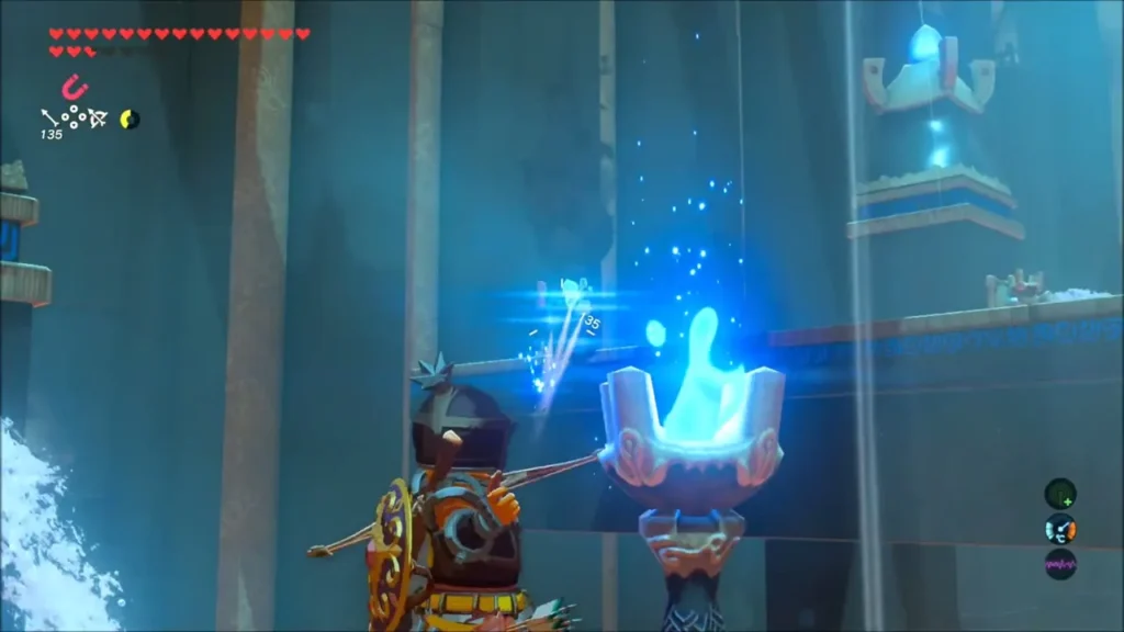 Link lighting a blue torch with a flaming arrow Link lighting a blue torch with a flaming arrow