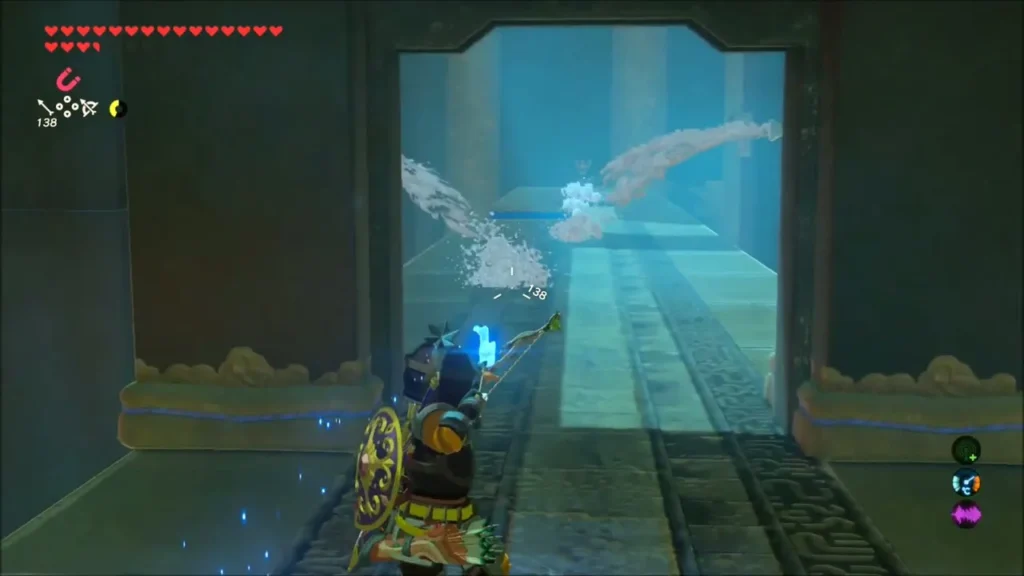 Link aiming a flaming arrow down a hall where wall nozzles spray water Link aiming a flaming arrow down a hall where wall nozzles spray water