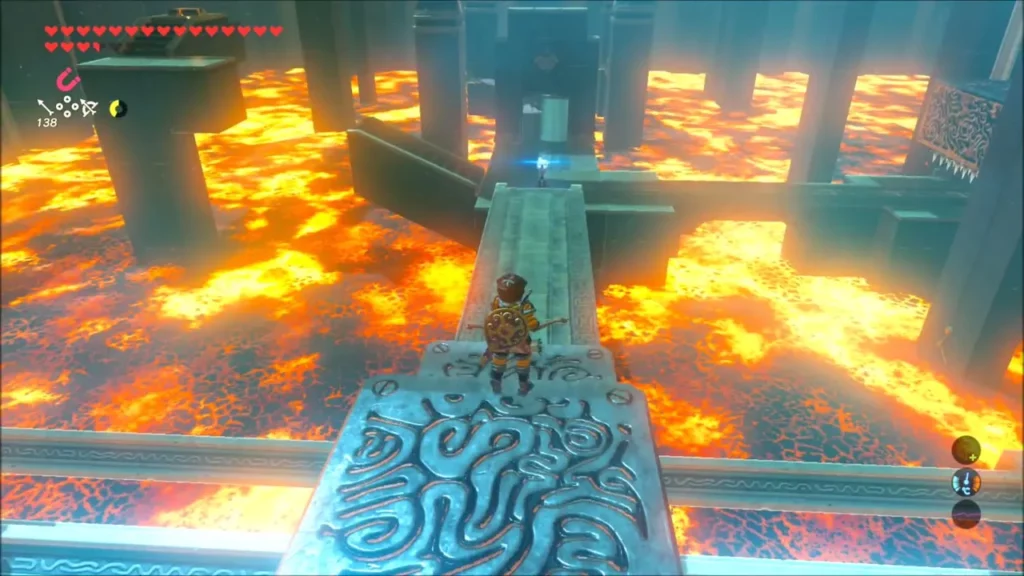 Link crossing a lined-up stone platform over lava Link crossing a lined-up stone platform over lava