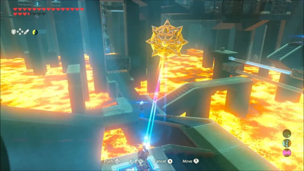 A spiked ball held with the Sheikah Slate above the lava room A spiked ball held with the Sheikah Slate above the lava room