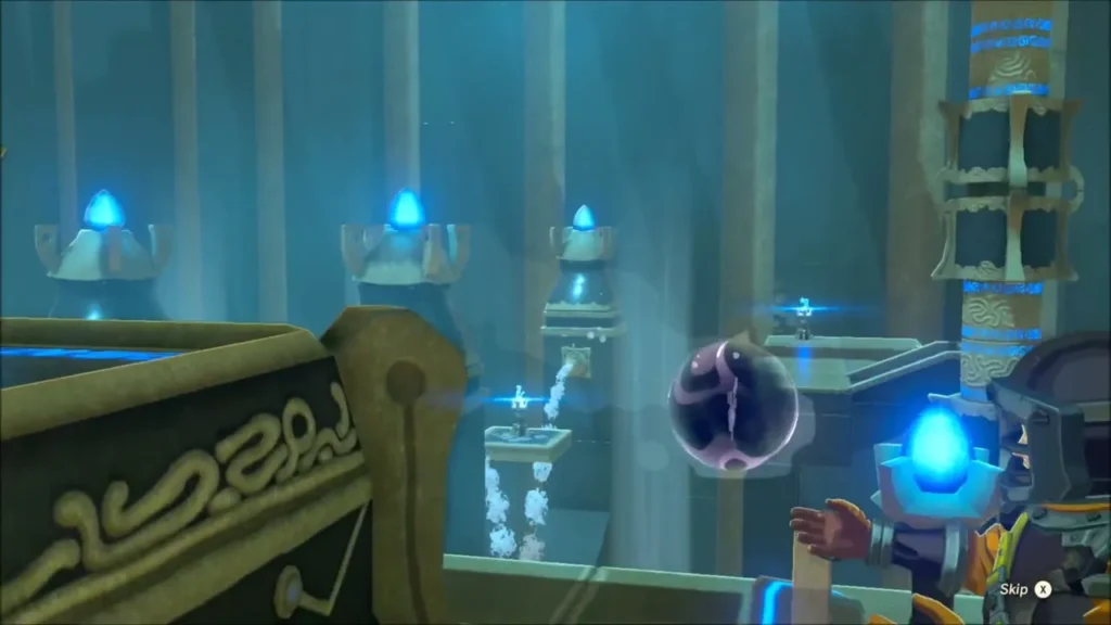 Shora Hah holding out the Spirit Orb beside lit blue torches Shora Hah holding out the Spirit Orb beside lit blue torches