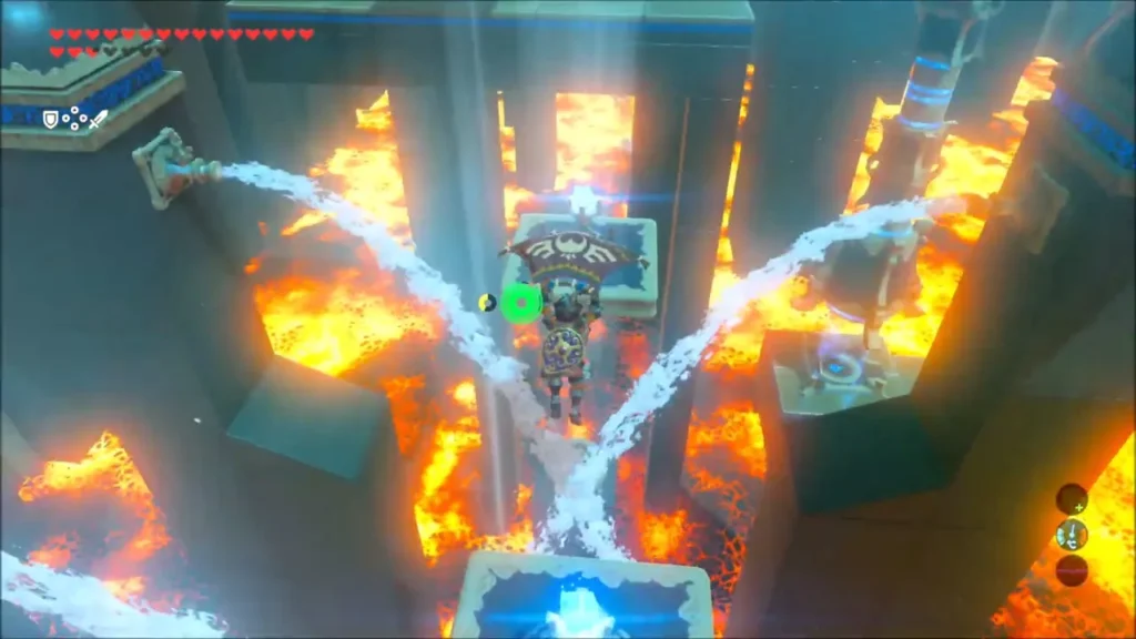 Link on a platform between crossing water jets above lava Link on a platform between crossing water jets above lava