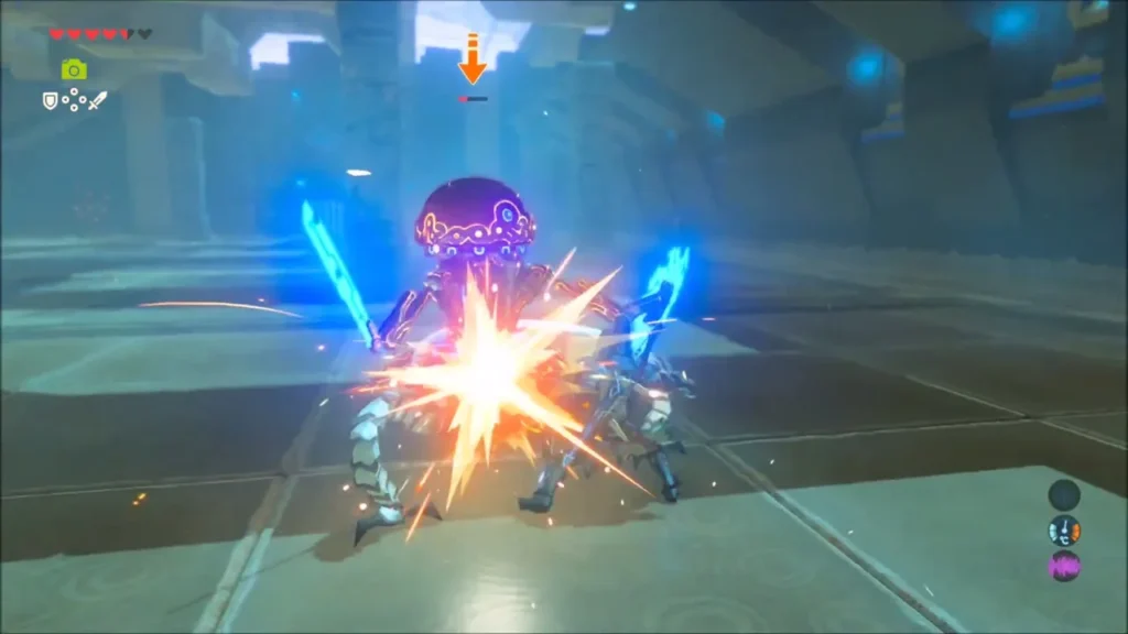 Sparks fly as Link and the Guardian Scout trade blows in the arena Sparks fly as Link and the Guardian Scout trade blows in the arena