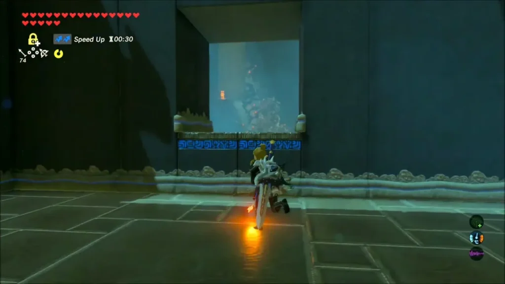 Link crouching with a burning weapon lit from a flame Link crouching with a burning weapon lit from a flame