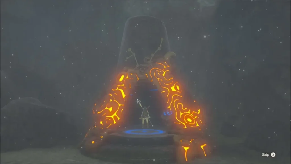 Link standing on the warp pad at the Tahno O'ah Shrine entrance Link standing on the warp pad at the Tahno O'ah Shrine entrance