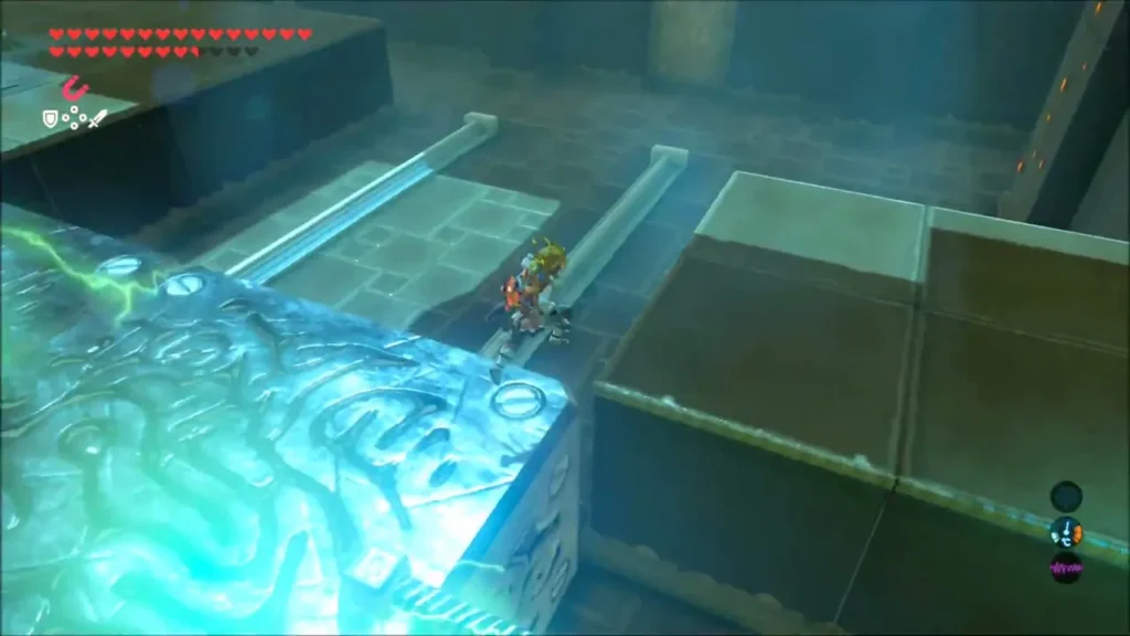 Link on a rail beside a large metal block with electricity crackling Link on a rail beside a large metal block with electricity crackling