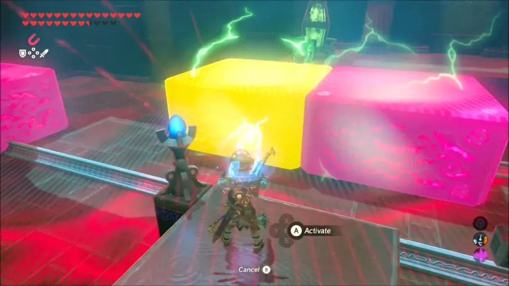 Link aiming Magnesis at a yellow metal block next to a pink one Link aiming Magnesis at a yellow metal block next to a pink one