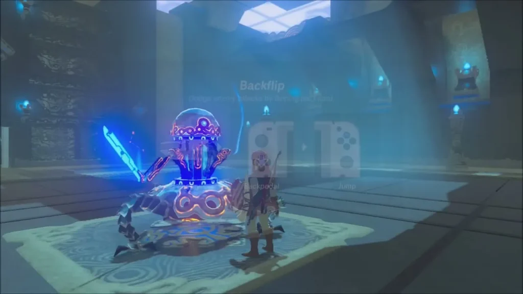 Link about to backflip away from the Guardian Scout's strike Link about to backflip away from the Guardian Scout's strike