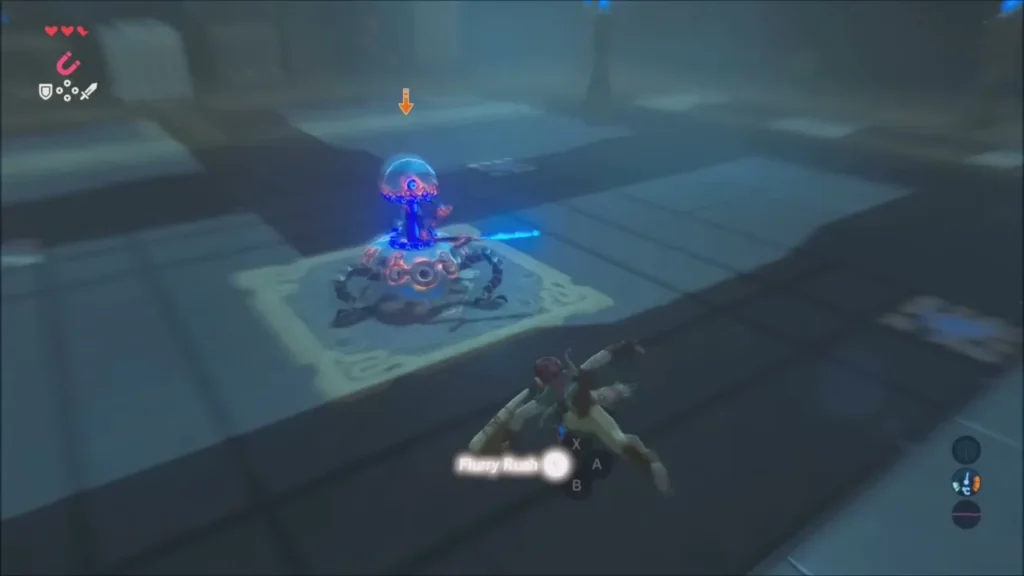 Link leaping after a dodge with the Flurry Rush prompt shown Link leaping after a dodge with the Flurry Rush prompt shown