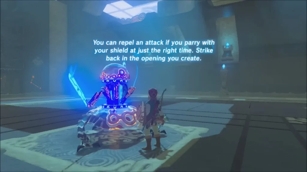 Link with shield ready as the Guardian Scout winds up a strike Link with shield ready as the Guardian Scout winds up a strike