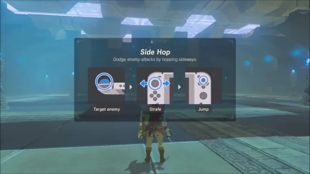 Link facing the Guardian Scout as the Side Hop prompt appears in Ta'loh Naeg Shrine Link facing the Guardian Scout as the Side Hop prompt appears in Ta'loh Naeg Shrine
