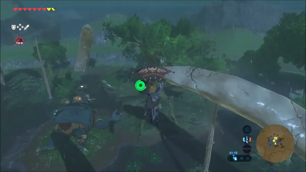 Link gliding down toward the sleeping oldest Hinox in the wetlands Link gliding down toward the sleeping oldest Hinox in the wetlands