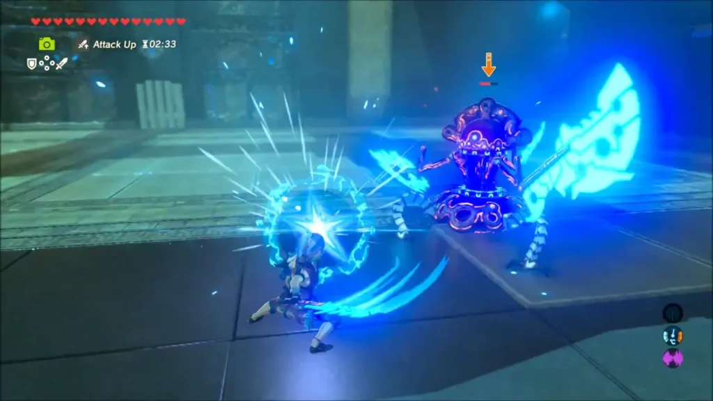 Link striking the Guardian Scout IV in a flurry rush with blue light Link striking the Guardian Scout IV in a flurry rush with blue light