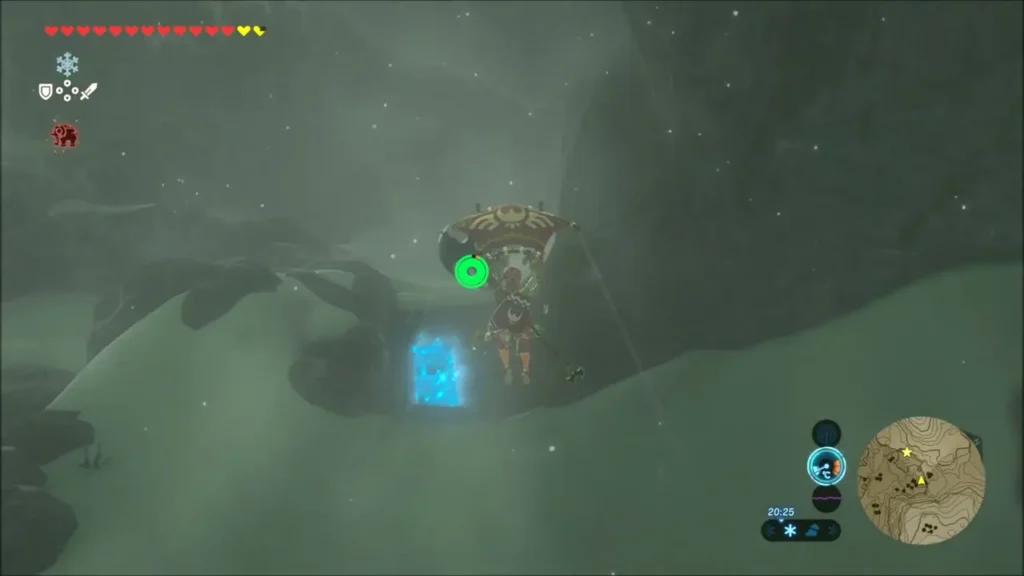 Link gliding above the ice pillar at the foot of the hill