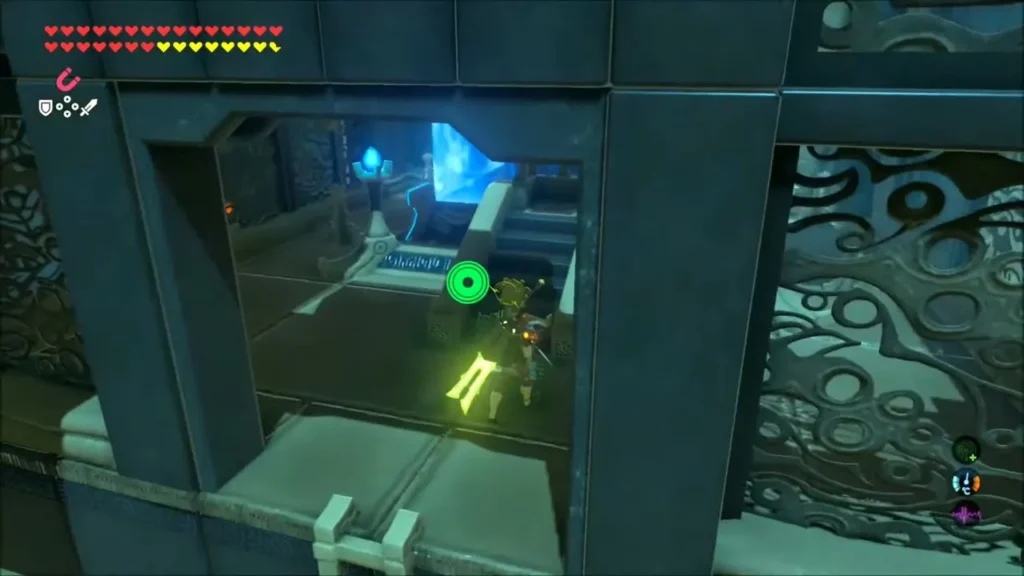 Link reaching the far side with the shrine altar glowing ahead Link reaching the far side with the shrine altar glowing ahead