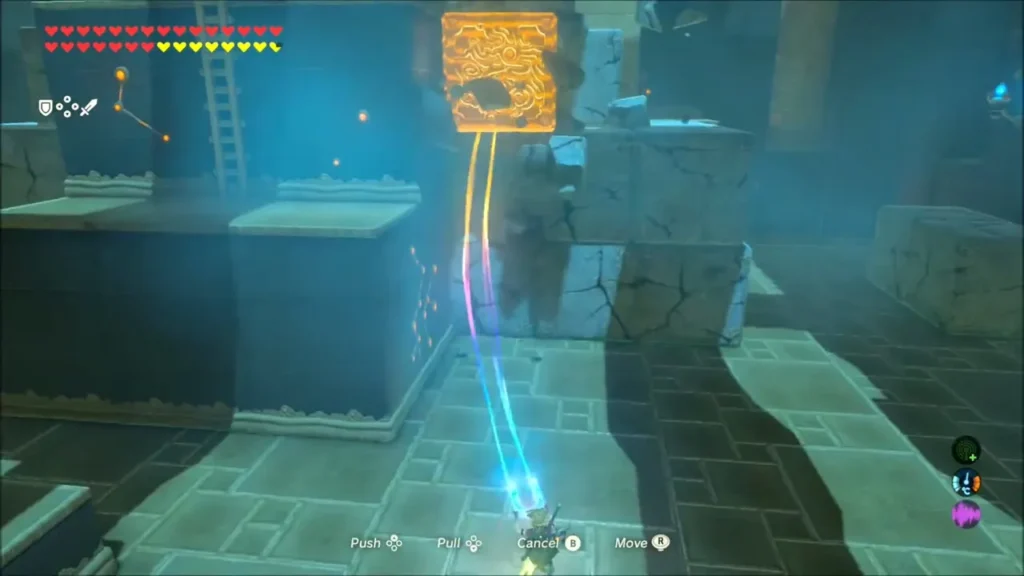 Link lifting a metal box with Magnesis over the broken blocks Link lifting a metal box with Magnesis over the broken blocks