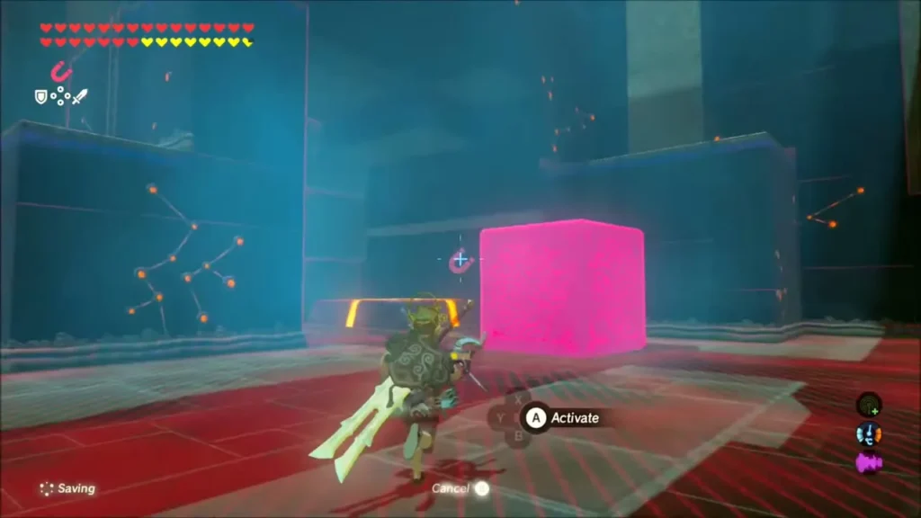 Link facing a pink cube on a red floor near a pressure plate Link facing a pink cube on a red floor near a pressure plate