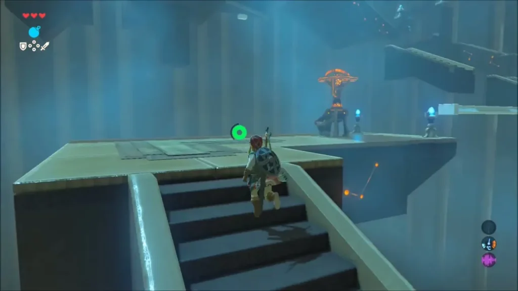 Link climbing stairs toward a Guardian-style terminal inside Toto Sah Shrine Link climbing stairs toward a Guardian-style terminal inside Toto Sah Shrine