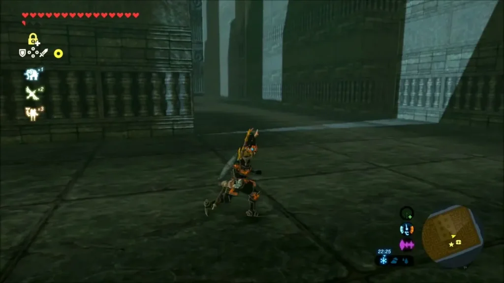 Link beside a long labyrinth wall in a stone courtyard Link beside a long labyrinth wall in a stone courtyard