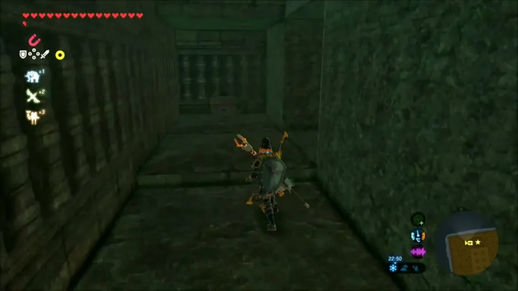 Link running down a narrow stone maze corridor Link running down a narrow stone maze corridor