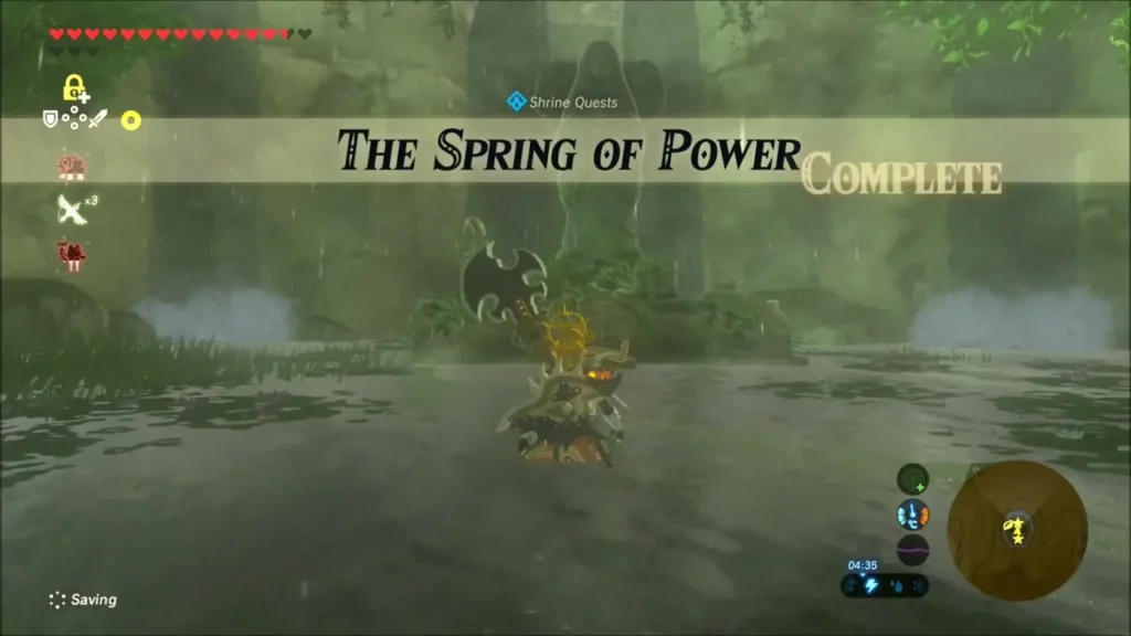 The Spring of Power quest complete banner as Link stands in the rainy spring The Spring of Power quest complete banner as Link stands in the rainy spring