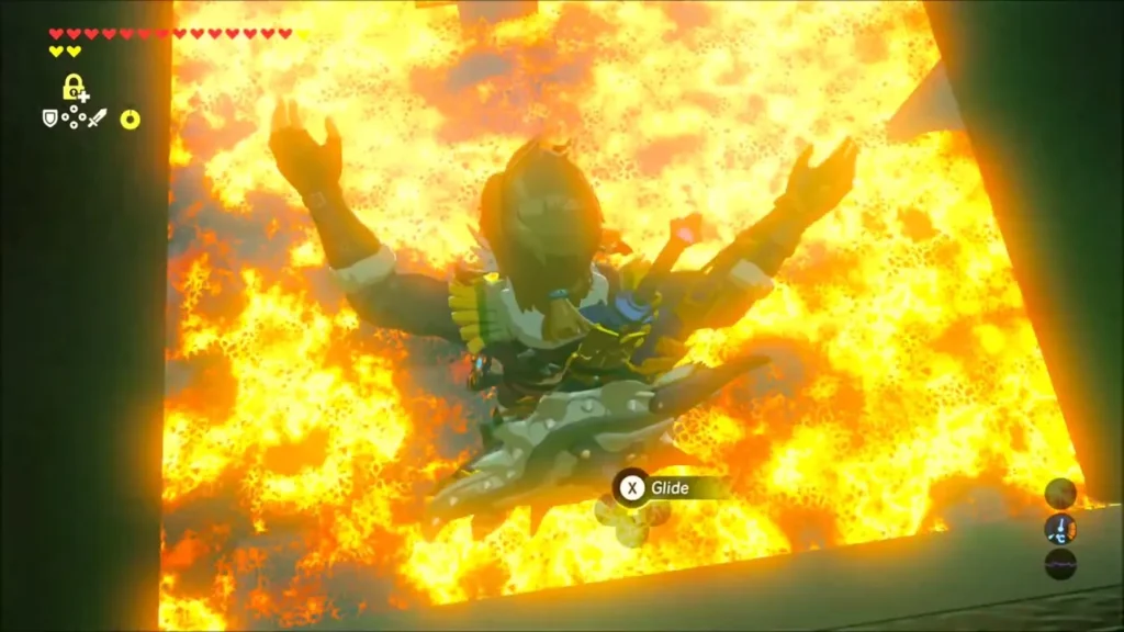 Link opening the Paraglider above the lava-filled room in Voo Lota Shrine