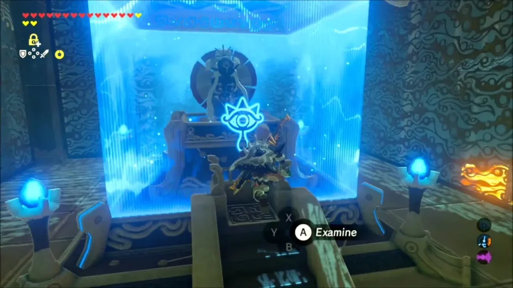 Link approaching the monk waiting inside a blue barrier