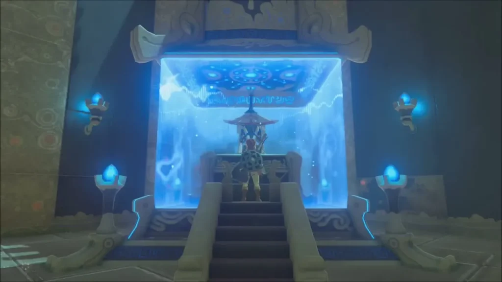 Link reaching the monk Wahgo Katta at the shrine's glowing altar Link reaching the monk Wahgo Katta at the shrine's glowing altar