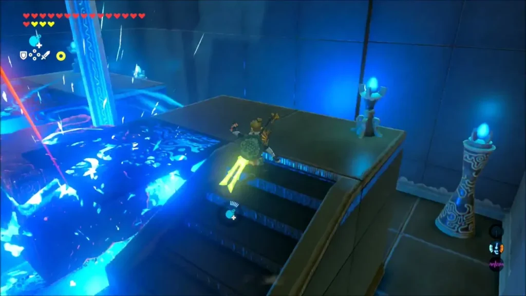 Link beside the crumbling blue cracked stones near the ceiling Link beside the crumbling blue cracked stones near the ceiling