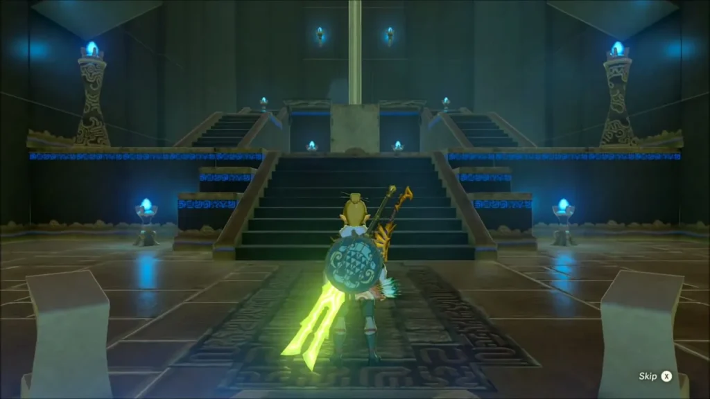 Link climbing the central stairs toward the cube in Ya Naga Shrine Link climbing the central stairs toward the cube in Ya Naga Shrine