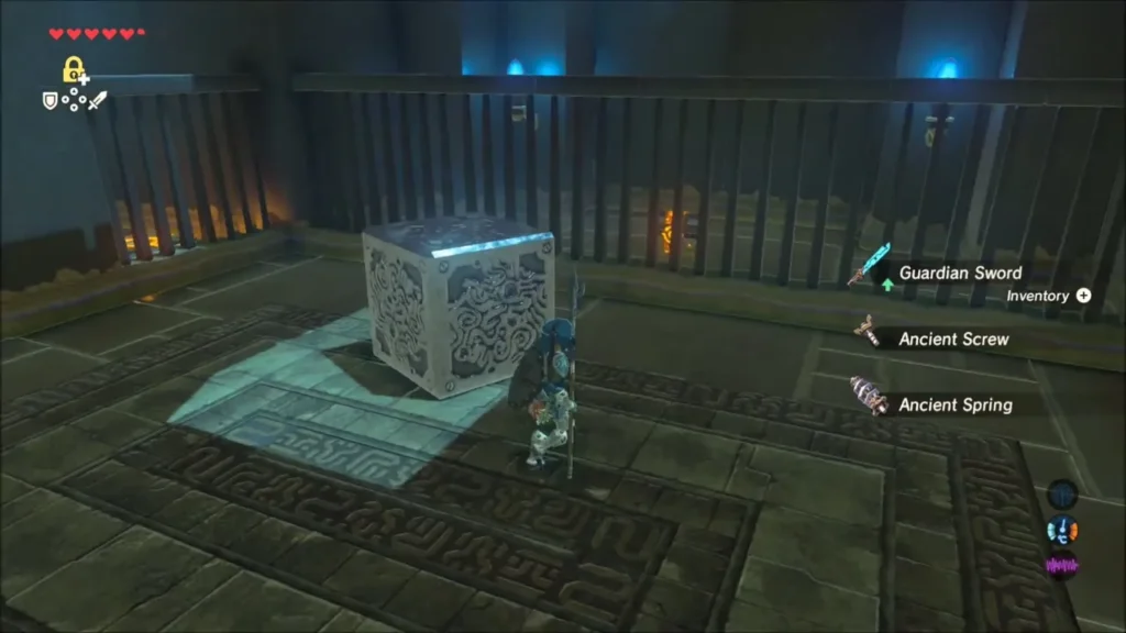 Metal block beside a fence with the Guardian Sword item box shown Metal block beside a fence with the Guardian Sword item box shown