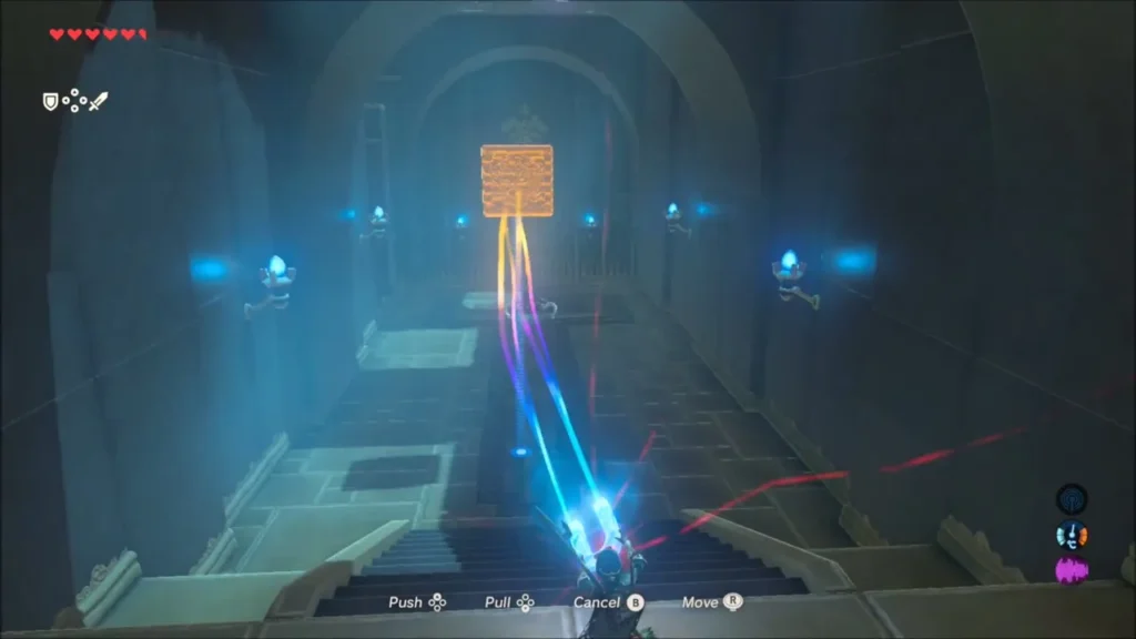 Link guiding the metal block down a long stairway with Magnesis Link guiding the metal block down a long stairway with Magnesis