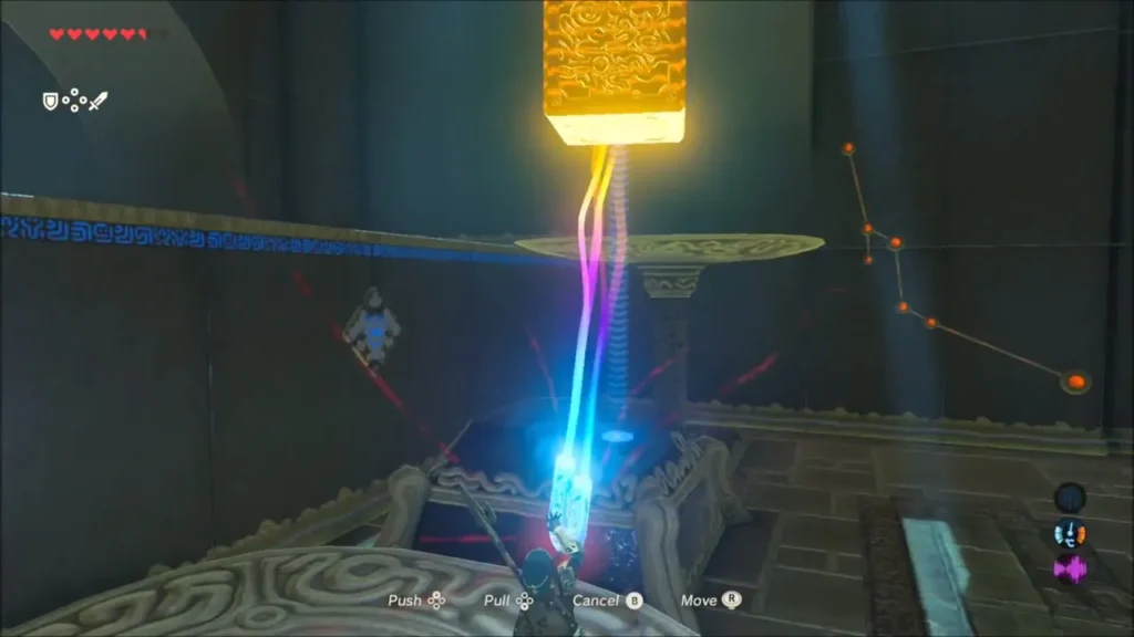 Link using Magnesis to lift a glowing metal block above a platform Link using Magnesis to lift a glowing metal block above a platform