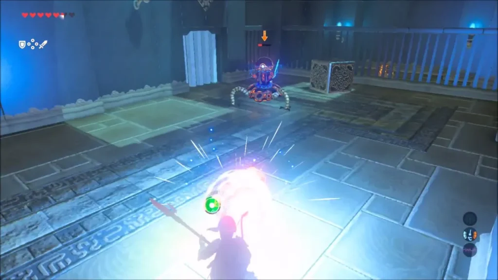 Link aiming at the Guardian Scout's eye beside a metal block Link aiming at the Guardian Scout's eye beside a metal block