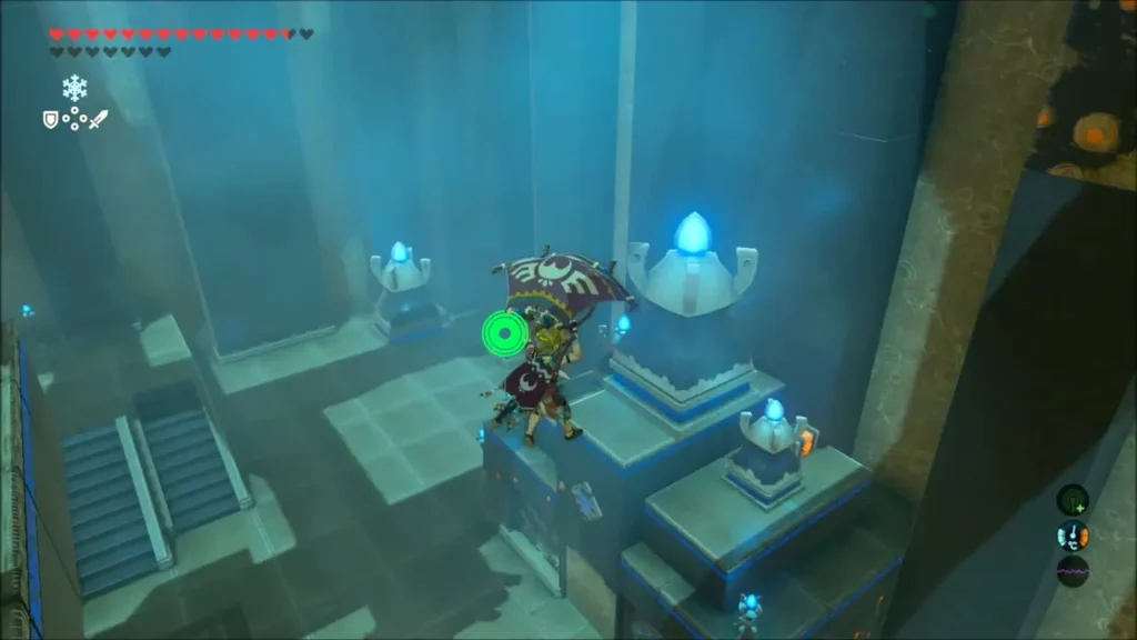 Link gliding onto the small building in the shrine Link gliding onto the small building in the shrine
