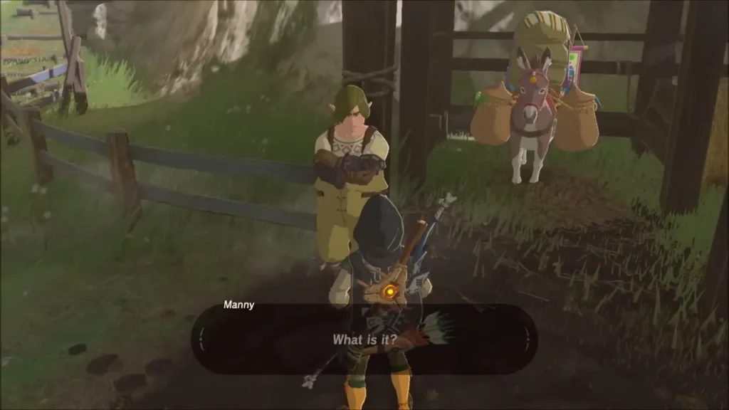 Link talking with Manny near his stable as he asks about the crickets
