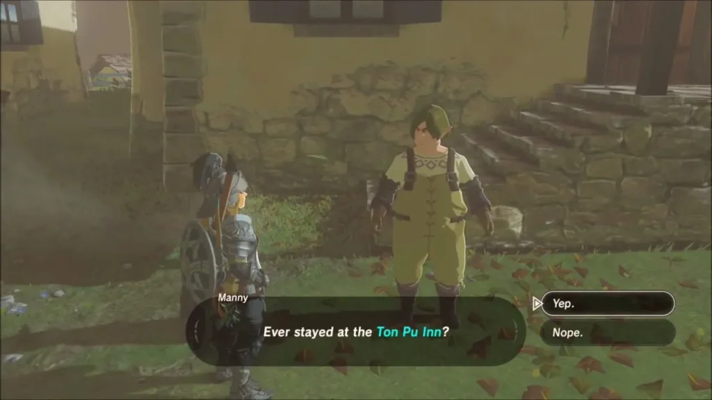 Link talking with Manny outside the Ton Pu Inn in Hateno Village