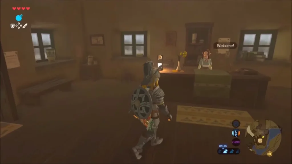 Link entering the inn as Prima greets him from behind the counter