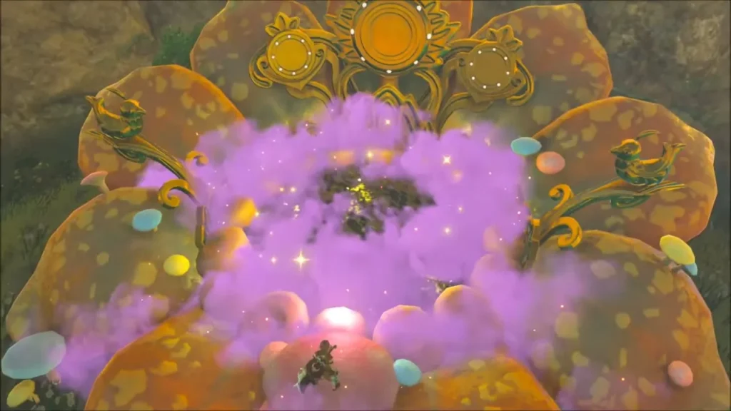 Purple mist rising as the fairy fountain flower opens around Link