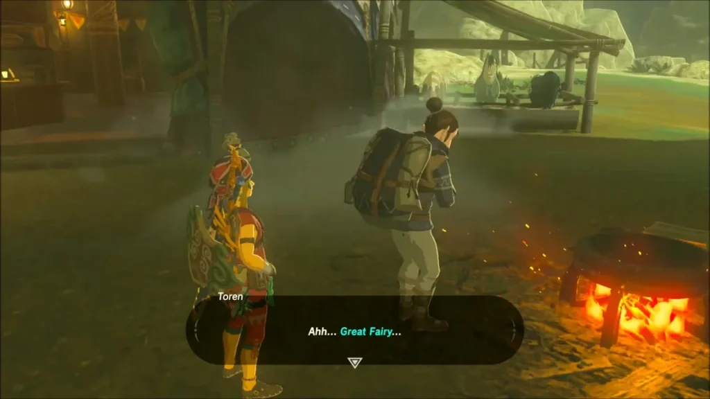 Link speaking with Toren at Tabantha Bridge Stable as he mentions the Great Fairy