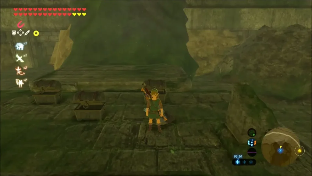 Link in the Wild armor in front of the three opened chests Link in the Wild armor in front of the three opened chests