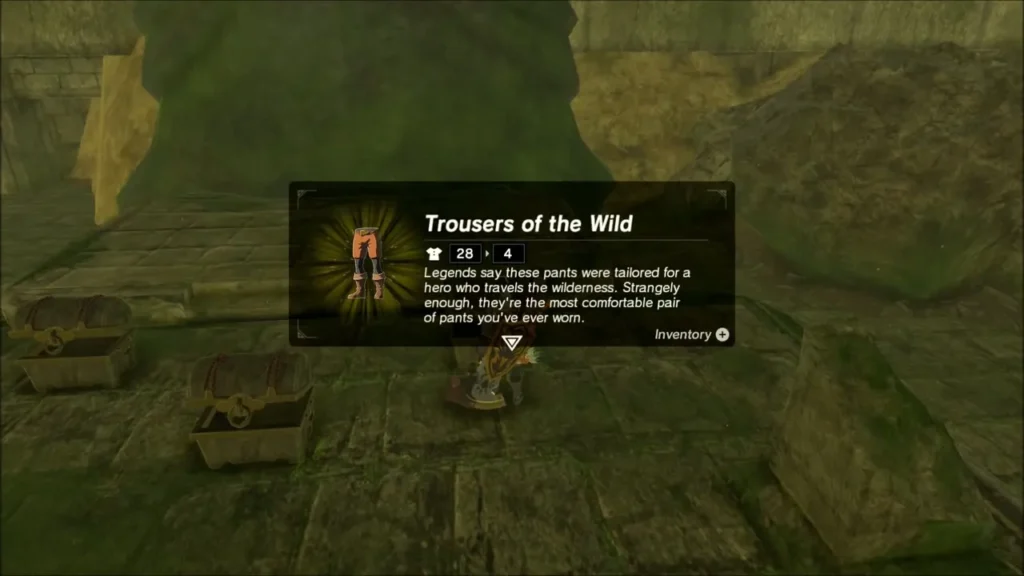 Link receiving the Trousers of the Wild beside two opened chests Link receiving the Trousers of the Wild beside two opened chests