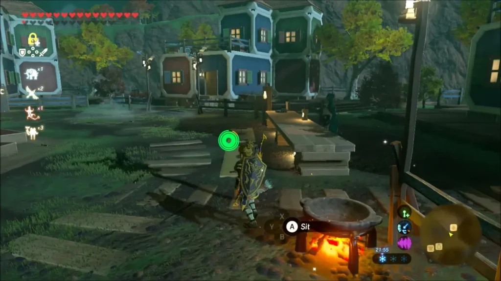Link beside a cooking pot over a fire in Tarrey Town at night