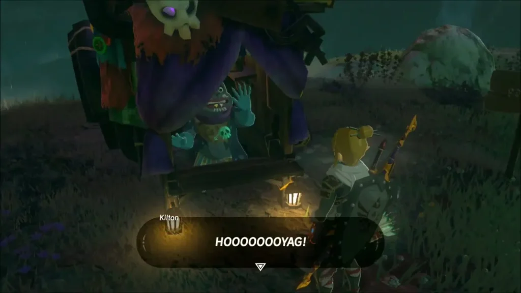 Kilton waving from his Fang and Bone wagon on a dark night