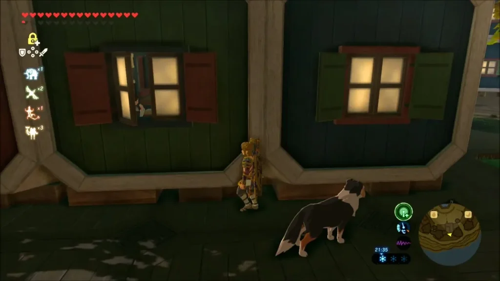 Link crouched beside a lit window at night behind a Tarrey Town house