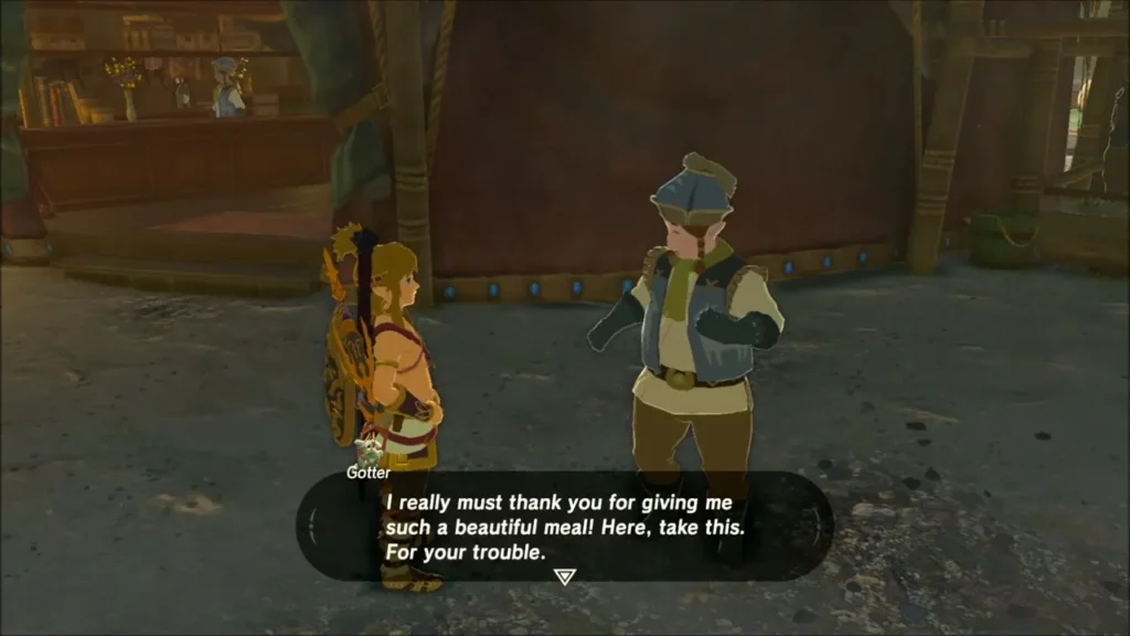 Gotter thanking Link for the meal and handing over a reward Gotter thanking Link for the meal and handing over a reward