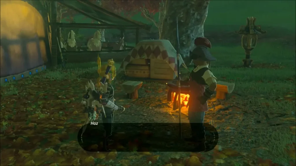 Link returning to Hoz beside the campfire at East Akkala Stable Link returning to Hoz beside the campfire at East Akkala Stable