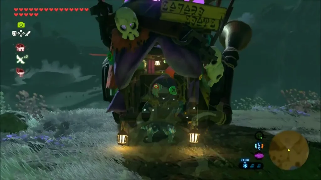 Kilton's cart under its purple balloon with lanterns glowing Kilton's cart under its purple balloon with lanterns glowing